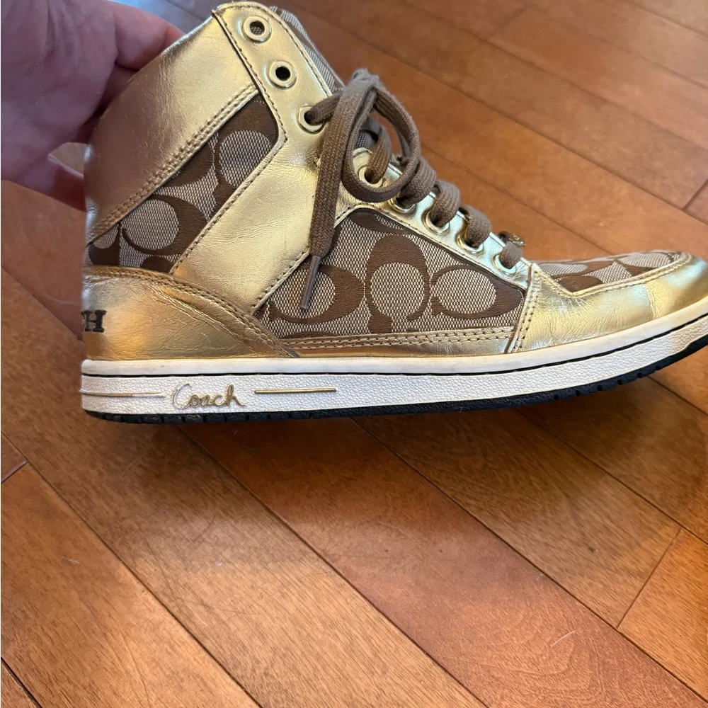 Coach Metallic Gold and Brown High-Top Sneakers - Picture 10 of 16